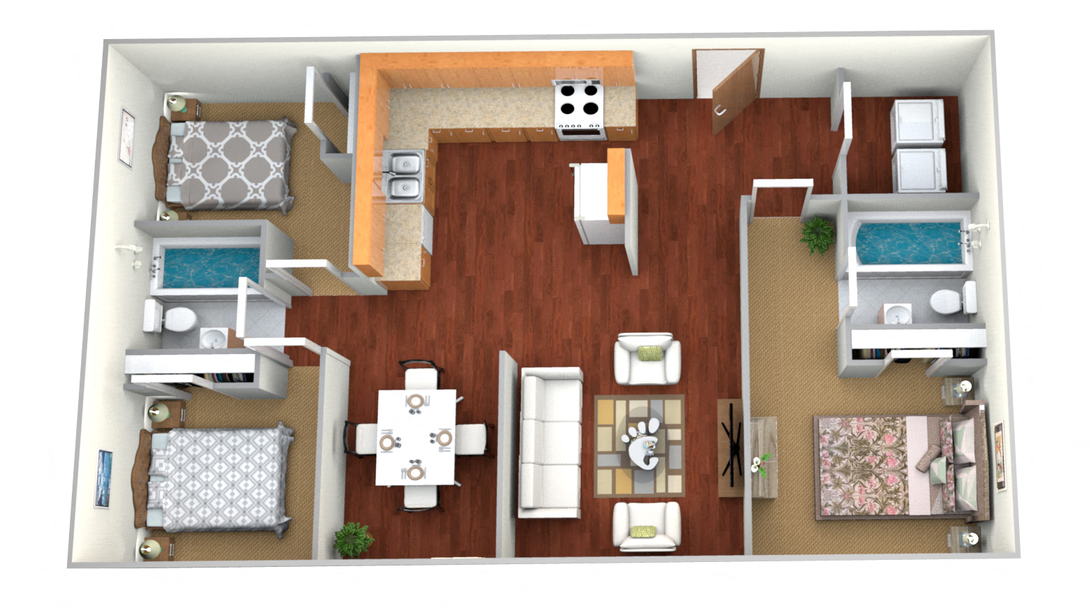 Floor plan for 3 beds, 2 baths, 1200 sqft